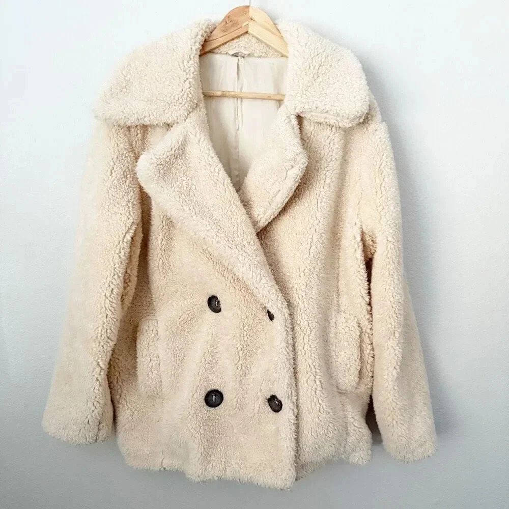 FREE PEOPLE | Teddy Double Breasted Pea Coat Sherpa  Ivory Oversized | Medium - Picture 4 of 10